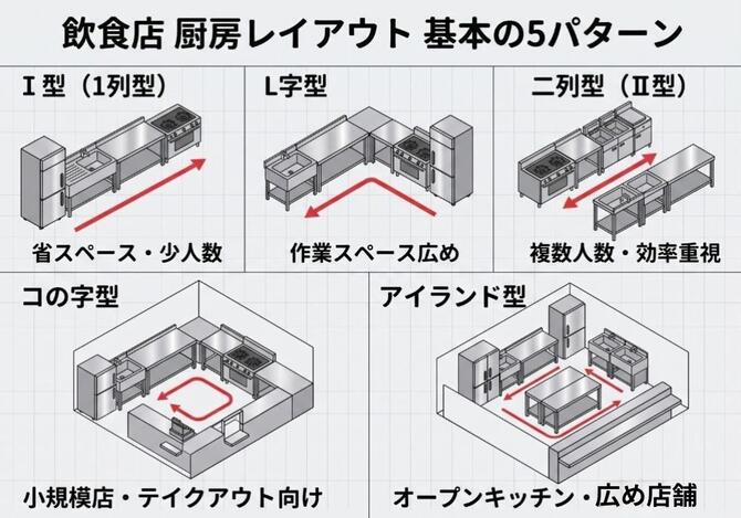 【飲食店厨房・キッチンのレイアウト基本パターン5選】I形・L字型・二列型・コの字型・アイランド型の図解
