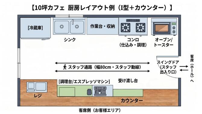 I型(一列型)飲食店厨房レイアウト事例:10坪カフェキッチンの場合の図面例