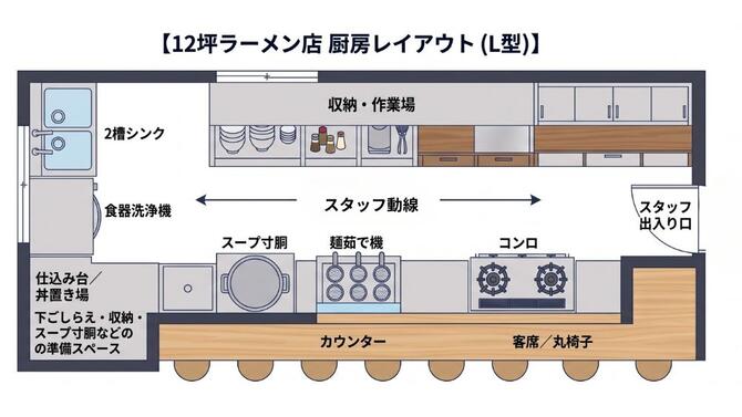 【L型厨房レイアウト事例】12坪ラーメン店の場合の図面