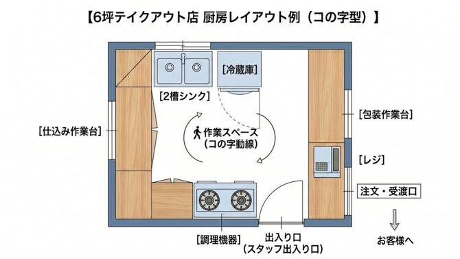 【飲食店厨房レイアウト事例・コの字型レイアウト】6坪テイクアウト店の事例:手前の入り口から時計回りに調理機器・作業台・シンク・冷蔵庫をコの字型に配置、入り口右手にはレジや受け渡し口を設置した事例
