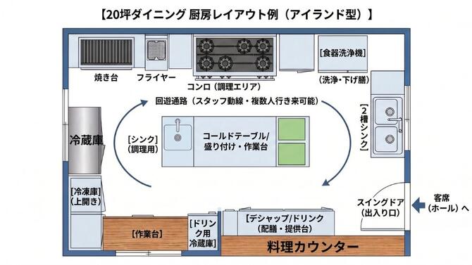 【飲食店厨房レイアウト例:アイランド型レイアウト図面】20坪ダイニングキッチン例
