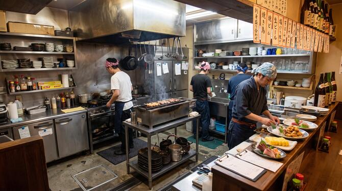 居酒屋の厨房で働く店員